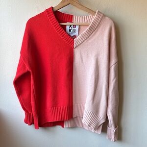 Kerri Rosenthal Radiant Heart Colorblock Cotton V-Neck Sweater Size Small